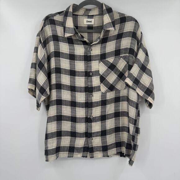 Elwood Mens Riker Plaid Short Sleeve Button Up Shirt Rayon Gray Cream Medium - Picture 3 of 11